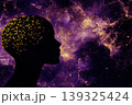 Silhouette of a head with a network of glowing neural connections against a cosmic background. Ideal for concepts of neuroscience, artificial intelligence, and futuristic technology. 139325424