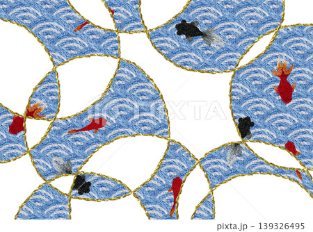 【和風の青海波と金魚の背景装飾横】手刺繍イラスト素材 139326495