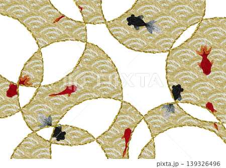 【和風の青海波と金魚の背景装飾横】手刺繍イラスト素材 【和風の青海波と金魚の背景装飾横】手刺繍イラスト素材 139326496