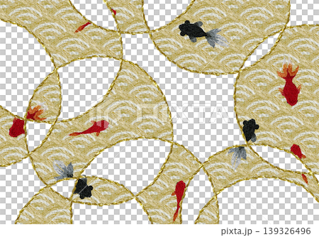 【和風の青海波と金魚の背景装飾横】手刺繍イラスト素材 【和風の青海波と金魚の背景装飾横】手刺繍イラスト素材 139326496