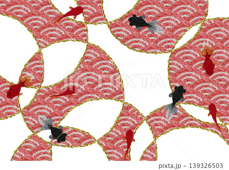 【和風の青海波と金魚の背景装飾横】手刺繍イラスト素材 【和風の青海波と金魚の背景装飾横】手刺繍イラスト素材 139326503