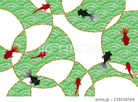 【和風の青海波と金魚の背景装飾横】手刺繍イラスト素材 【和風の青海波と金魚の背景装飾横】手刺繍イラスト素材 139326504