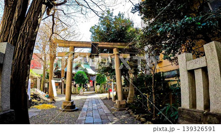 東京、小野照崎神社の鳥居と緑豊かな境内 139326591