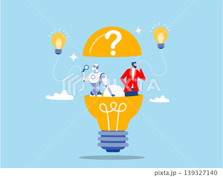 robot with Businesspeople open lightbulb discover new innovative idea cognitive learning Artificial Intelligence brain, automation development AI technology for creative thinking idea vector. 139327140