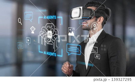 Business professional using virtual reality technology to explore artificial intelligence concepts and applications in a modern office environment Gluon 139327295