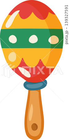 Cartoon mexican maraca with red yellow green pattern and wooden handle for children music education cultural 139327591