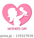 Mothers Day. Silhouette of a woman holding a child in front of a heart on a white. 139327636