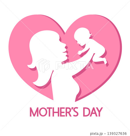Mothers Day. Silhouette of a woman holding a child in front of a heart on a white. Mothers Day. Silhouette of a woman holding a child in front of a heart on a white. 139327636