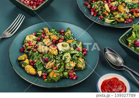 Mixed seafood salad with shrimp mussels squid and greens 139327789
