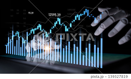 Robotic Hands Interacting with Digital Stock Market Data on a Touchscreen Display Depicting Financial Trends and Statistical Analysis for Business Insights Scalp 139327819