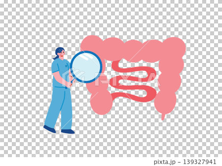 Illustration of a nurse examining the large intestine. 139327941