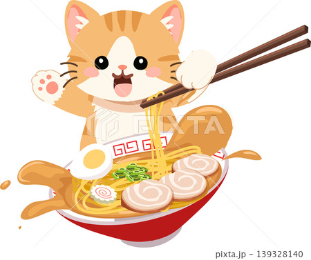 orange kitten enjoying ramen with egg pork and chopsticks kawaii food illustration orange kitten enjoying ramen with egg pork and chopsticks kawaii food illustration 139328140