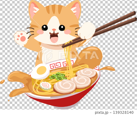 orange kitten enjoying ramen with egg pork and chopsticks kawaii food illustration orange kitten enjoying ramen with egg pork and chopsticks kawaii food illustration 139328140