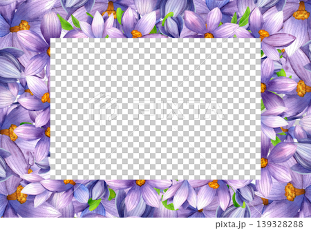Vibrant purple crocuses, isolated watercolor frame. Horizontal composition with beautiful hand drawn blue wildflowers. Plant illustration for packaging, cosmetics, perfumes, and cards. Vibrant purple crocuses, isolated watercolor frame. Horizontal composition with beautiful hand drawn blue wildflowers. Plant illustration for packaging, cosmetics, perfumes, and cards. 139328288