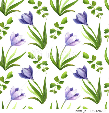 Vibrant purple crocuses, seamless watercolor pattern isolated. Fresh blue mountain flowers, hand drawn. Delicate pastel-colored plants for packaging, cosmetic fabric, and cards. Vibrant purple crocuses, seamless watercolor pattern isolated. Fresh blue mountain flowers, hand drawn. Delicate pastel-colored plants for packaging, cosmetic fabric, and cards. 139328292