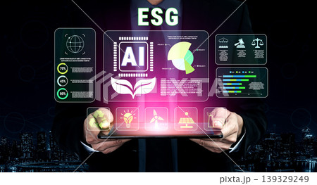 Businessman Presenting ESG Innovation Concept with Digital Technology and Interactive Data Representations for Sustainable Development Goals Quark Businessman Presenting ESG Innovation Concept with Digital Technology and Interactive Data Representations for Sustainable Development Goals Quark 139329249