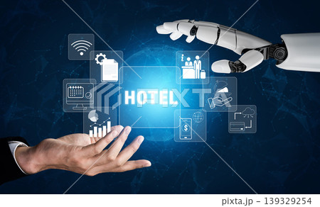 Innovative Interaction Between Human Hand and Robotic Hand Displaying Hotel Management Icons in a Futuristic Setup Quark Innovative Interaction Between Human Hand and Robotic Hand Displaying Hotel Management Icons in a Futuristic Setup Quark 139329254