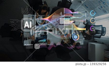 Futuristic AI Technology Concept in Business Meeting with Data Visualization and Collaboration Overhead View of Professionals Analyzing Innovations. Raster Futuristic AI Technology Concept in Business Meeting with Data Visualization and Collaboration Overhead View of Professionals Analyzing Innovations. Raster 139329256