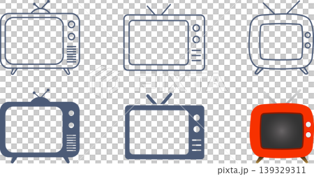 A set of illustrations of a retro CRT television with an antenna. 139329311