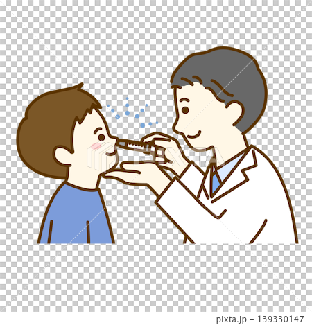 A boy receiving a nasal vaccine and a male doctor. A boy receiving a nasal vaccine and a male doctor. 139330147