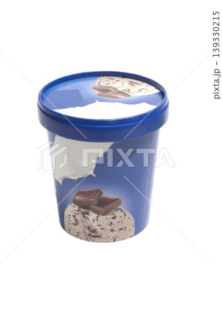 vanilla ice cream with chocolate chips in a paper cup isolated on white background vanilla ice cream with chocolate chips in a paper cup isolated on white background 139330215