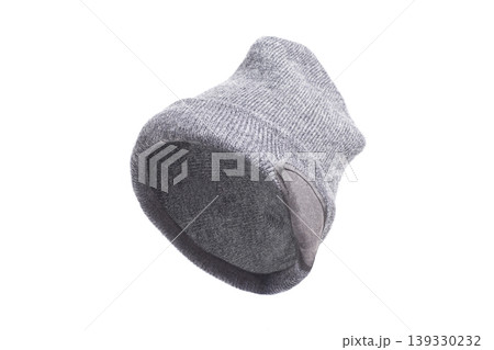 Grey winter beanie hat isolated on white background. 139330232