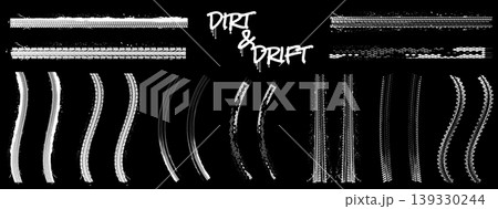 Grunge tire tracks collection. White dirty wheel tread prints and skid marks isolated on black background Grunge tire tracks collection. White dirty wheel tread prints and skid marks isolated on black background 139330244