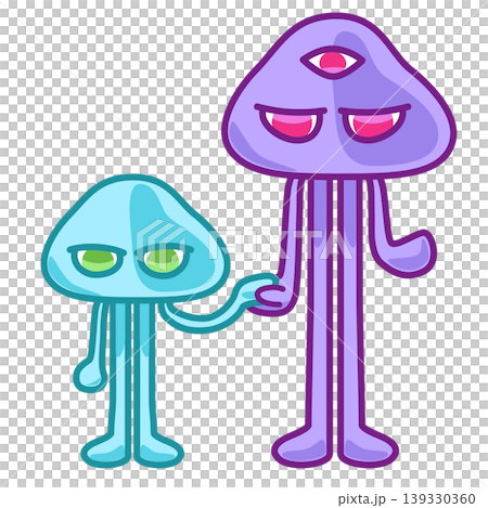 A purple alien holding hands with a light blue child alien. A purple alien holding hands with a light blue child alien. 139330360