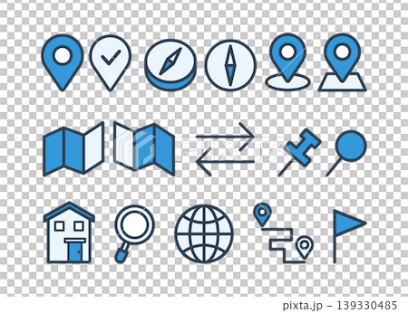 Map and navigation icon set, blue, flat design, vector. Map and navigation icon set, blue, flat design, vector. 139330485