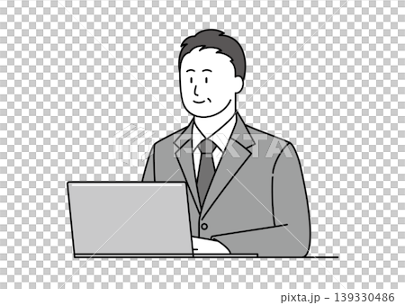 An illustration of a middle-aged man in a suit smiling while using a computer. An illustration of a middle-aged man in a suit smiling while using a computer. 139330486