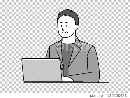 一幅插圖，描繪了一位身穿夾克的中年男子微笑著使用電腦。 139330488