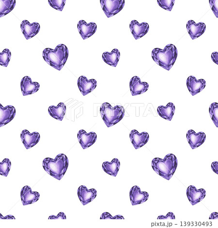 Purple gemstone heart seamless pattern on isolated background. Watercolor illustration of faceted crystals shaped like hearts. Decorative romantic ornate design for wedding invitation, textile print 139330493