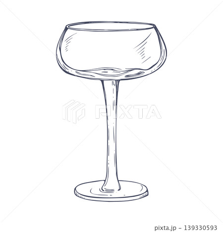 Hand drawn coupe cocktail glass vector sketch painted by black inks. Elegant stemware for holiday celebration. Vintage line art illustration of alcoholic beverage vessel for menu design Hand drawn coupe cocktail glass vector sketch painted by black inks. Elegant stemware for holiday celebration. Vintage line art illustration of alcoholic beverage vessel for menu design 139330593