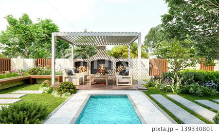 Modern luxury pergola in backyard garden with outdoor seating area and small swimming pool, 3D Rendering Modern luxury pergola in backyard garden with outdoor seating area and small swimming pool, 3D Rendering 139330801