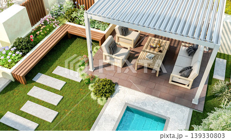Modern luxury pergola in backyard garden with outdoor seating area and small swimming pool, 3D Rendering 139330803