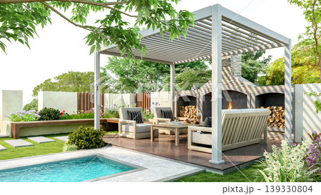 Modern luxury pergola in backyard garden with outdoor seating area and small swimming pool, 3D Rendering 139330804