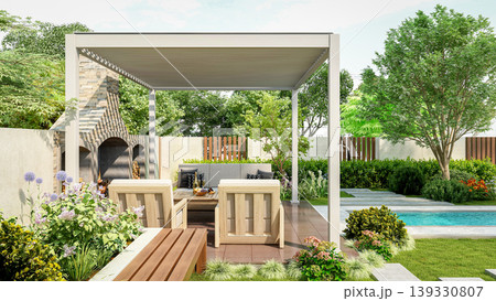 Modern luxury pergola in backyard garden with outdoor seating area and small swimming pool, 3D Rendering 139330807