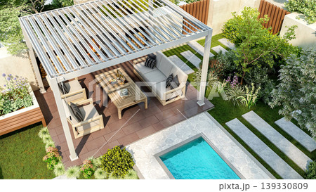 Modern luxury pergola in backyard garden with outdoor seating area and small swimming pool, 3D Rendering 139330809