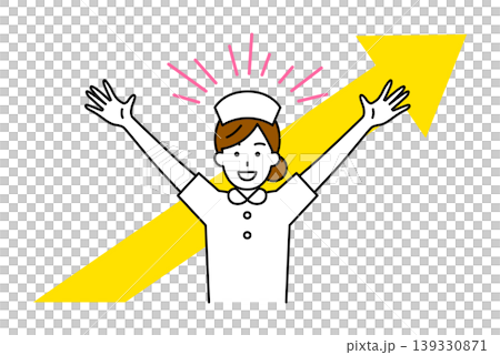 A female nurse cheers with an upward-pointing arrow. 139330871