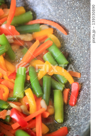 Fresh colorful vegetable stir fry with baby corn and green beans cooking in a pan for healthy dinner Fresh colorful vegetable stir fry with baby corn and green beans cooking in a pan for healthy dinner 139330890
