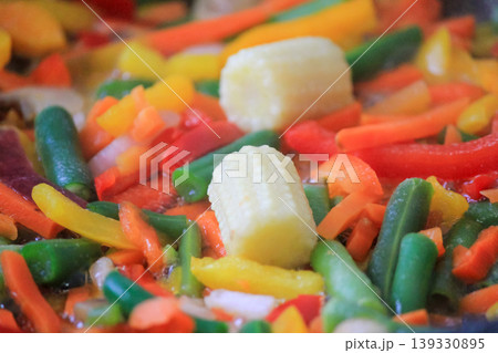 Fresh colorful vegetable stir fry with baby corn and green beans cooking in a pan for healthy dinner Fresh colorful vegetable stir fry with baby corn and green beans cooking in a pan for healthy dinner 139330895