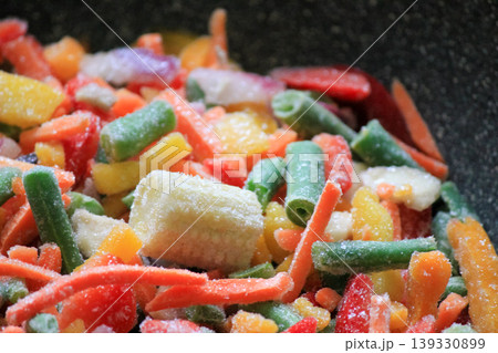 Frozen vegetable mix with baby corn and green beans covered in frost for healthy meal preparation 139330899