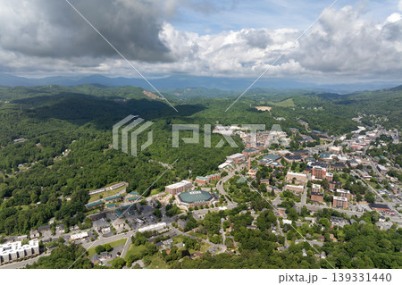 Boone, North Carolina. Historical American town in Appalachian Blue Ridge Mountains. Old townscape architecture in Watauga County, USA. Streets and historic buildings from above Boone, North Carolina. Historical American town in Appalachian Blue Ridge Mountains. Old townscape architecture in Watauga County, USA. Streets and historic buildings from above 139331440