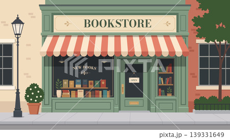 Vintage bookstore storefront exterior with classic green facade and display window vector illustration. 139331649