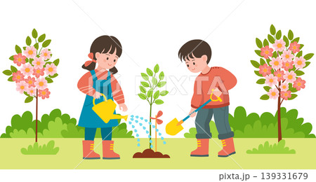 Little children planting tree together. Little boy and girl working together outdoors in the garden Little children planting tree together. Little boy and girl working together outdoors in the garden 139331679
