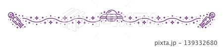 Outer space alien UFO and cosmos line divider or border. Cosmos travel thin line frame border, galaxy outer space invaders or space discovery vector separator line. Divider with alien flying saucer 139332680