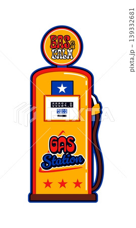 USA gas station vintage Y2K sticker or symbol. USA flag colors retro vector label, United States of America vintage patch. American industry 60s 70s sticker or Y2K tag with old gas station fuel pump USA gas station vintage Y2K sticker or symbol. USA flag colors retro vector label, United States of America vintage patch. American industry 60s 70s sticker or Y2K tag with old gas station fuel pump 139332681