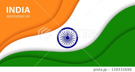 Paper cut national flag of India, Indian 15 august independence day vector papercut national banner with tricolor saffron, white green wave and ashoka chakra symbol. Patriotic identity for celebration Paper cut national flag of India, Indian 15 august independence day vector papercut national banner with tricolor saffron, white green wave and ashoka chakra symbol. Patriotic identity for celebration 139332698