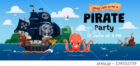 Kids pirate party flyer with corsairs sail ship and giant octopus kraken. Kids party flyer or horizontal banner with pirate warship with skulls on black sails, funny kraken sea monster character Kids pirate party flyer with corsairs sail ship and giant octopus kraken. Kids party flyer or horizontal banner with pirate warship with skulls on black sails, funny kraken sea monster character 139332739