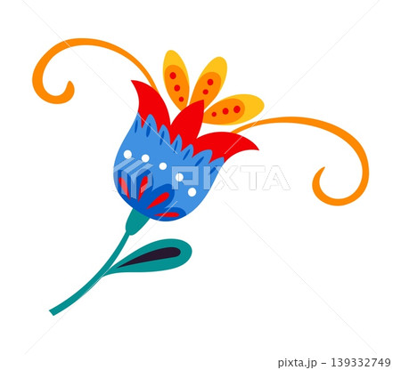 Mexican folklore holiday graphic flower decoration with blue and red bud and curly pestle. Hispanic culture nature decor, Mexico floral isolated vector element. Mexican ethnic flower decoration Mexican folklore holiday graphic flower decoration with blue and red bud and curly pestle. Hispanic culture nature decor, Mexico floral isolated vector element. Mexican ethnic flower decoration 139332749
